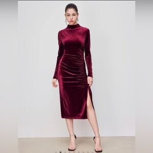 Cider Deep Red Velvet Long Sleeve Dress